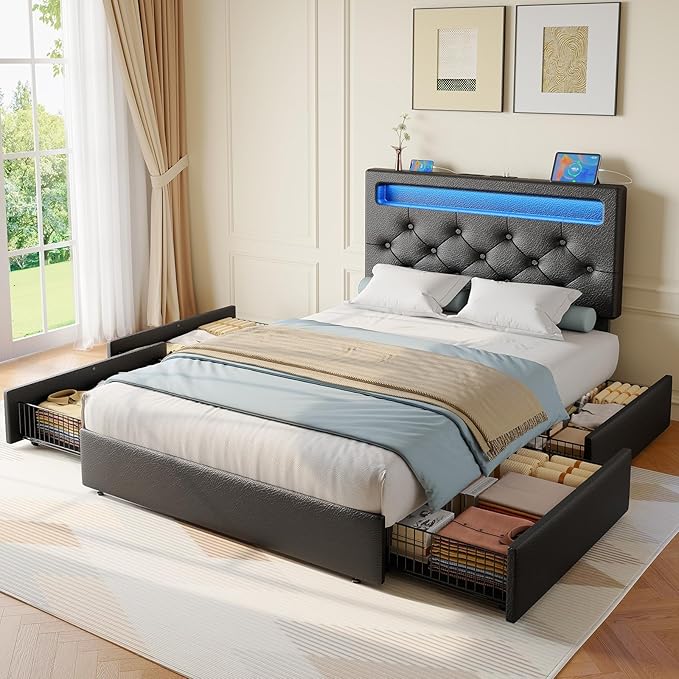 Rolanstar Twin Bed Frame with 4 Drawers and Charging Station,Twin Bed with Led Lights, 2 USB and 1 Type C, Adjustable Upholstered Headboard 38.9/40.8 Inches, Sturdy, No Box Spring Needed, Pure Black