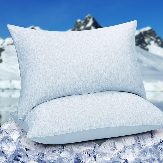 HOMFINE Cooling Pillowcases Standard Size - Double Side Q-Max 0.439 Cooling Fiber for Pillow Protector, Breathable Cold Pillow Cover for Hot Sleeper Night Sweat, Zipper, 2 Pack (20"x26", Light Blue)