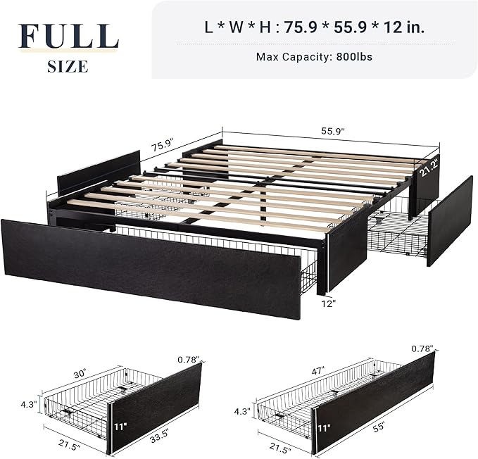 Allewie Full Size Platform Bed Frame with 3 Storage Drawers, Faux Leather Upholstered, Wooden Slats Support, No Box Spring Needed, Easy Assembly, Black
