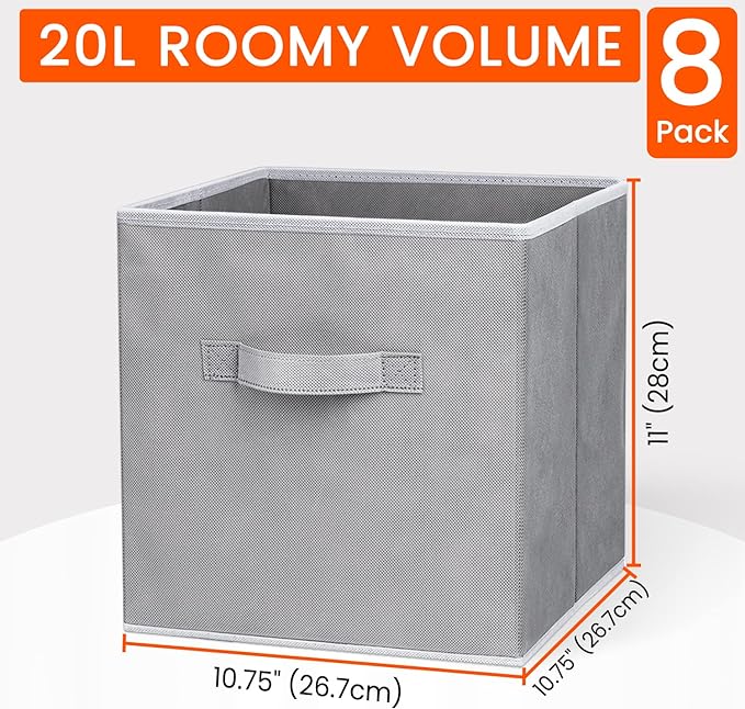 Criusia Storage Cubes - 11 Inch Heavy Duty Fabric Closet Bins for Shelves, Cube Organizer - 8 Pack Collapsible Decorative Storage Bins Baskets for Organizing Clothes Blankets Toys (Grey)