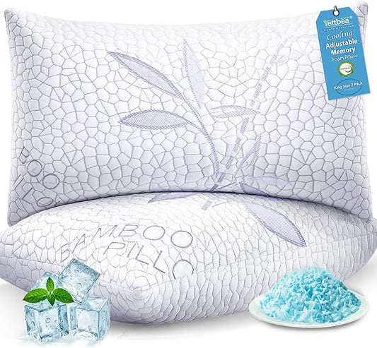 Yettbea Adjustable Shredded Memory Foam Pillows King Size Set of 2, Luxury Bamboo Cooling Pillow w/Washable Zippered Cover, Soft or Firm Support Bed Pillow for Side, Back, Stomach Sleeper