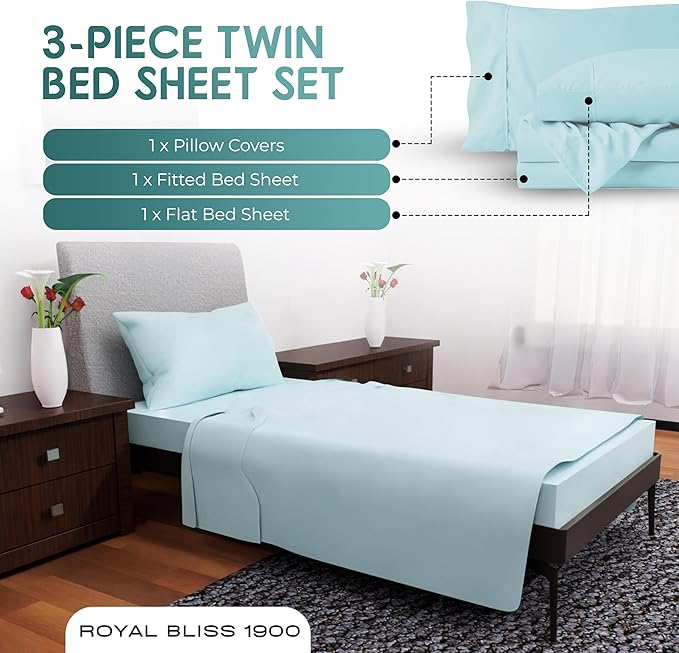 Twin Size Bedding - 3-Piece Set - Deep Pockets - Cooling Sheets - Soft & Comfortable for All-Season Use - Durable (Aqua)