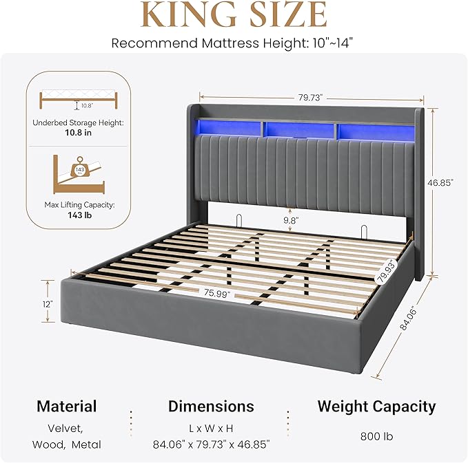 SHA CERLIN King Size Lift Up Storage Bed Frame/LED Lights/Charging Station/2-Tier Shelves Headboard/USB,Type-C Ports/Velvet Upholstered/Hydraulic Support/No Box Spring Needed/Noise Free/Gray