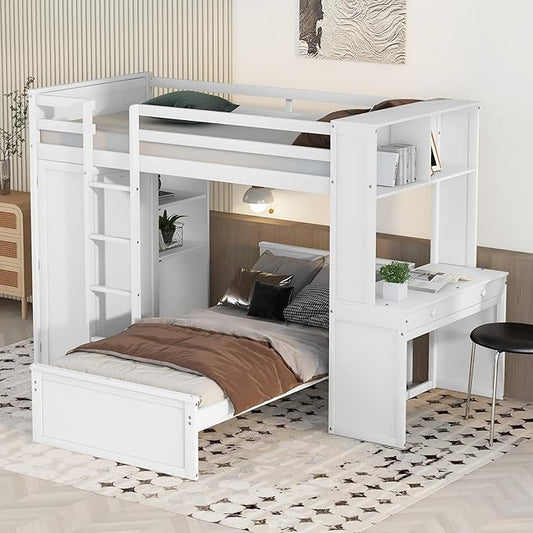JULYFOX Twin Loft Bunk Bed with Wardrobe, Wood Bunk Bed Twin Over Twin with Tilt Ladder Study Desk Shelves 2 Bed Frames Space Saving No Box Spring Needed(Twin Over Twin,White)
