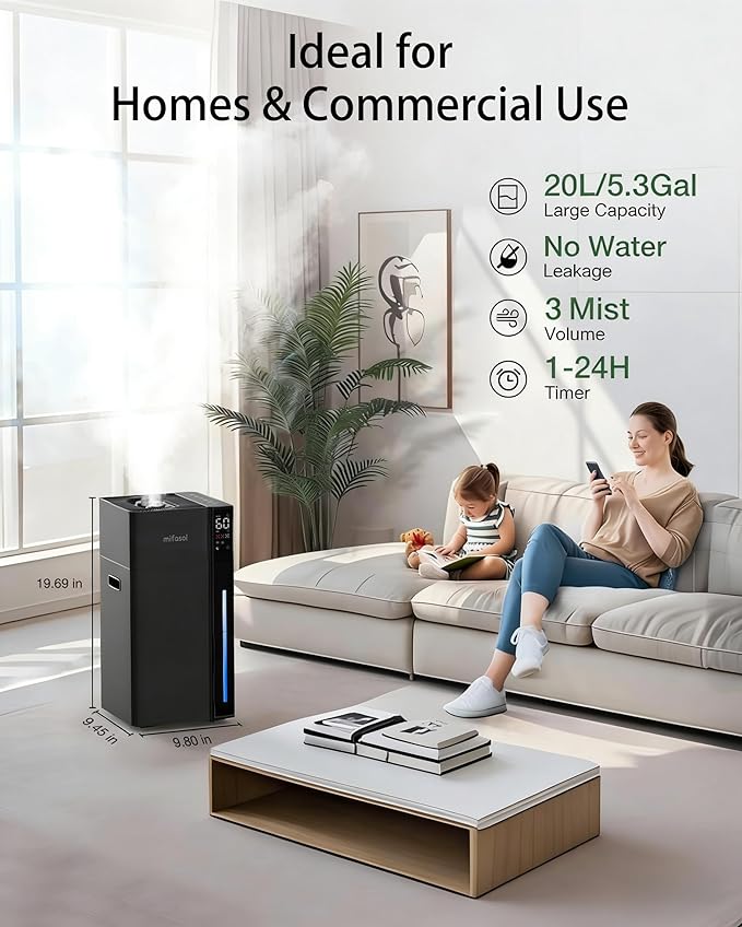 Mifasol Humidifier Large Room, 5.3Gal/20L Large Humidifiers for Home 1500 sq ft, Cool Mist Whole House Humidifier, Quiet Air Humidifiers for Bedroom, Humidifier for Plants Office Commercial, Black
