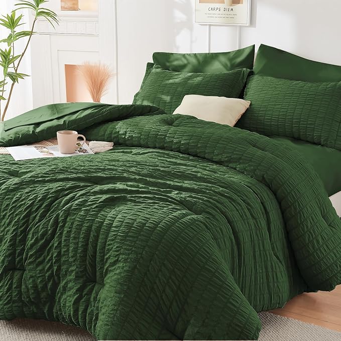 HYMOKEGE Dark Green Full Size Comforter Sets Seersucker 7 Pieces, All Season Luxury Bed in a Bag for Bedroom, Bedding Set with Comforters, Sheets, Pillowcases & Shams