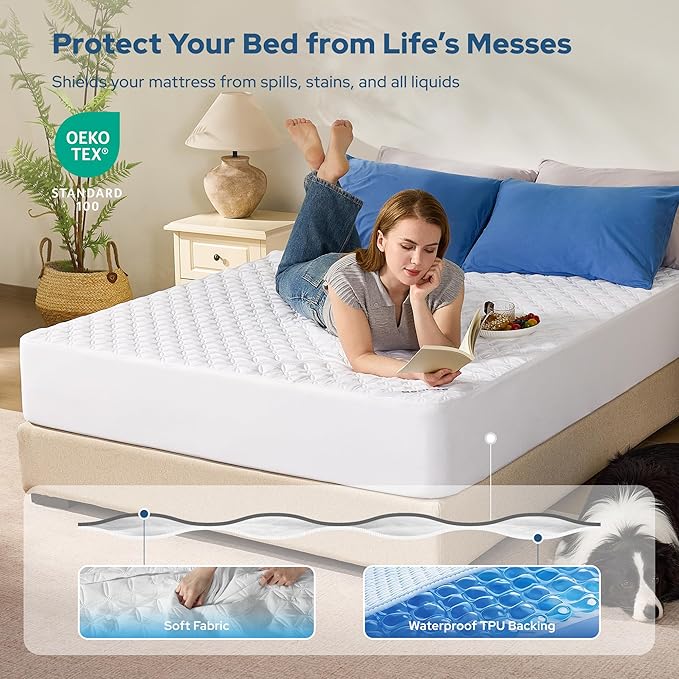 2 Pack Waterproof Mattress Protector, Queen Size Noiseless Mattress Pad with Deep Pocket Fitted Up to 6-18 inches, Soft Noiseless Bed Mattress Cover Washable for Home, Bedroom, Hotel