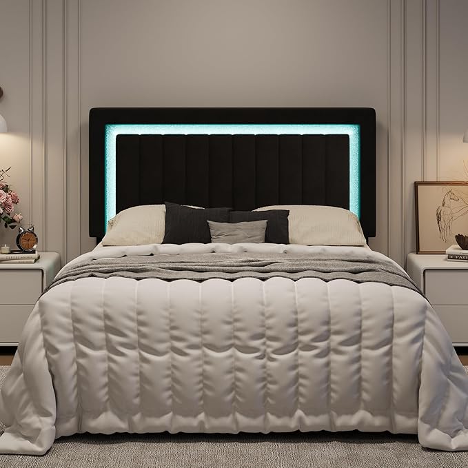 SHA CERLIN Queen Size Velvet Bed Frame with LED Light, Adjustable Vertical Channel Tufted Headboard, Strong Wooden Slats Support, Noise-Free, No Box Spring Needed, Black
