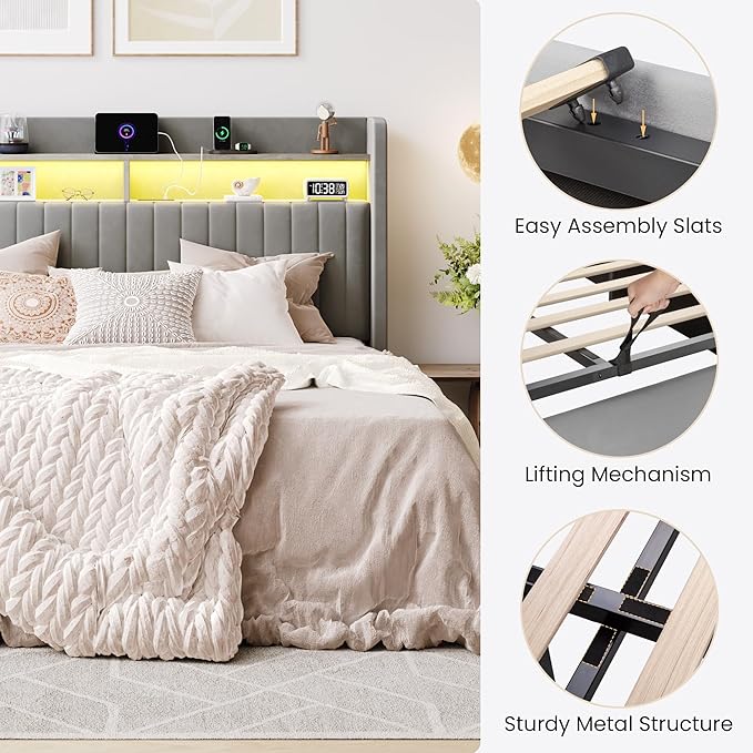 SHA CERLIN Full Size Lift Up Storage Bed Frame/LED Lights/Charging Station/2-Tier Shelves Headboard/USB,Type-C Ports/Velvet Upholstered/Hydraulic Support/No Box Spring Needed/Noise Free/Gray