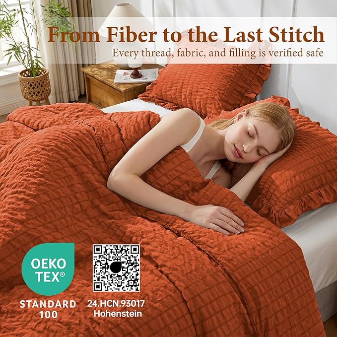 JOLLYVOGUE Burnt Orange Queen Comforter Set, 3 Pieces Seersucker Comforters Queen Size, Lightweight & Fluffy Bedding Sets Queen for All Season with 1 Ruffle Comforter and 2 Ruffle Pillowshams