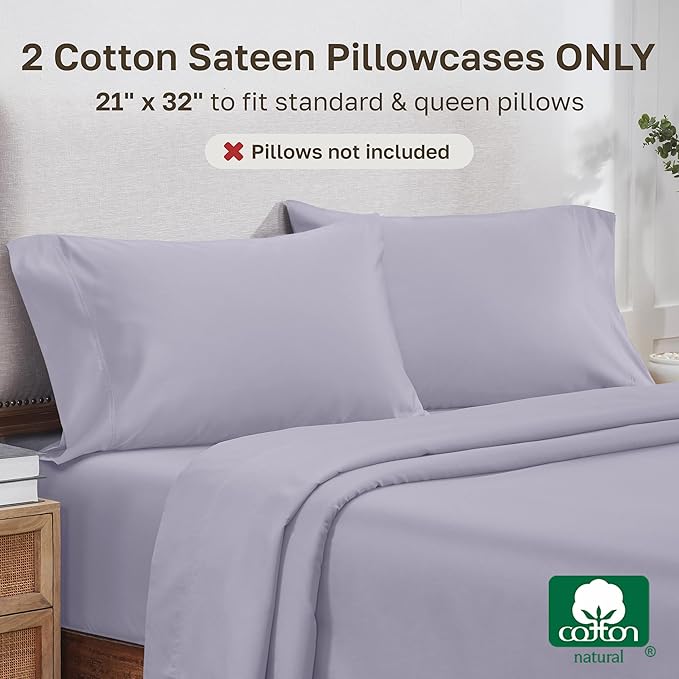 California Design Den 100% Cotton Pillow Cases Queen Set of 2, 800 Thread Count Pillowcases Sateen, Fits Queen and Standard Size Pillows (Lavender)