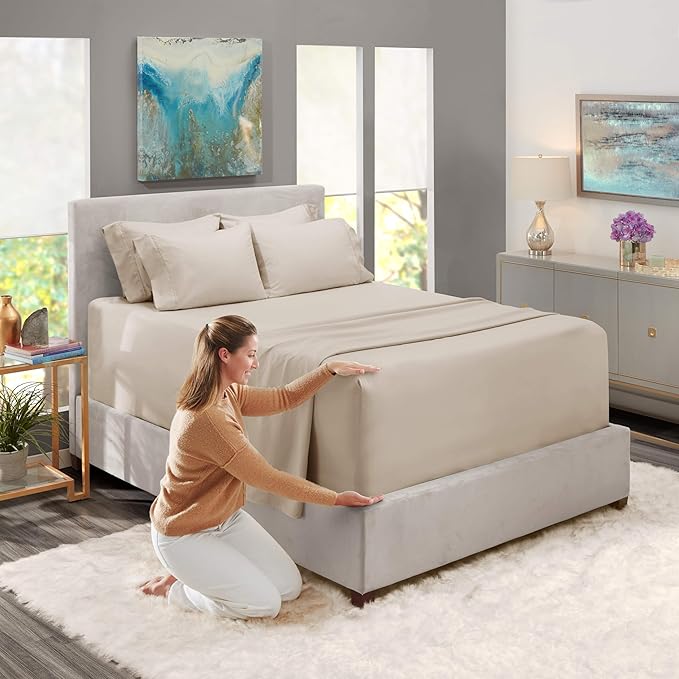 Hearth & Harbor Bed Sheets, Luxury Soft 6 Piece Bed Sheet Set Extra Deep Pocket Fitted Sheets Fits Mattress up to 21", Double Brushed Bedding Sheets & Pillowcases, Queen, Natrual Linen