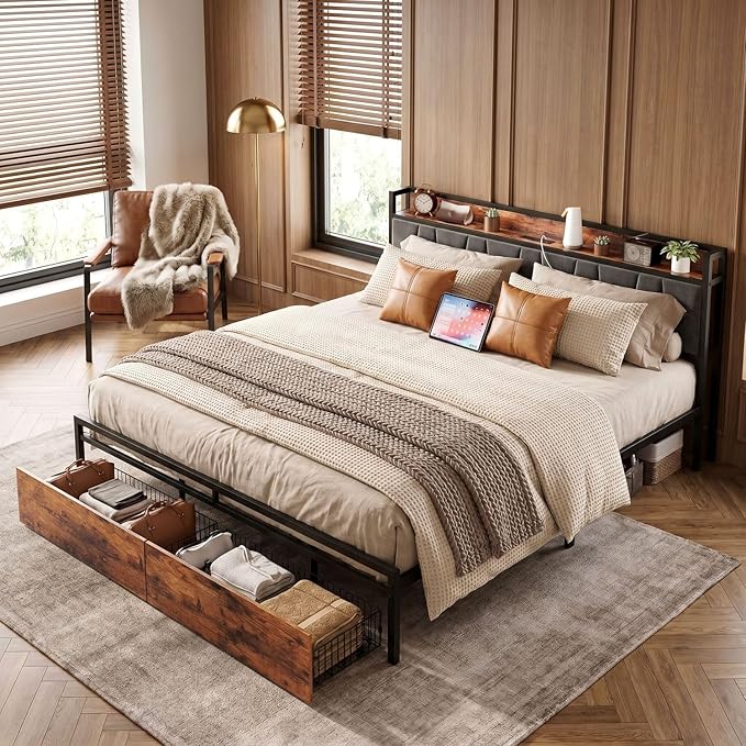 LIKIMIO King Size Bed Frame, Storage Headboard with Charging Station, Platform Bed with Drawers, No Box Spring Needed, Easy Assembly, Industrial Brown and Gray