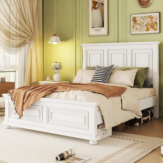 Farmhouse Queen Bed Frame with Tall Headboard and Footboard, White Wood Bed Frames Queen with Under Bed Storage, Noise-Free, No Box Spring Needed, White