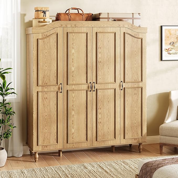Arched Armoire Wardrobe Closet with 4 Doors, 71" H Wooden Large Capacity Wardrobe Cabinet with 2 Hanging Rods and 8 Shelves, Freestanding Armoire Storage Cabinet for Bedroom, Cloak Room, Natural