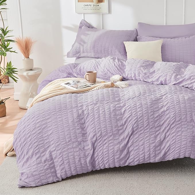 HYMOKEGE Lavender California King Comforter Set Seersucker 7 Pieces, All Season Luxury Bed in a Bag for Bedroom, Bedding Set with Comforters, Sheets, Pillowcases & Shams