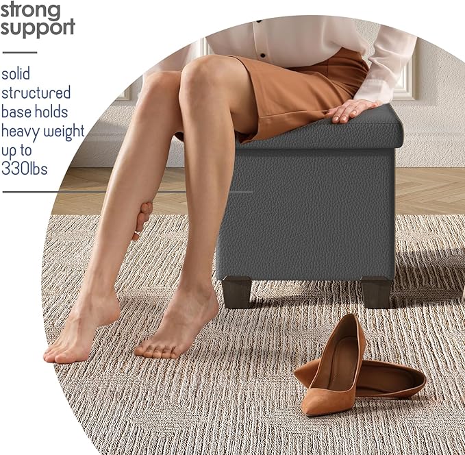 Storage Ottoman Cube with Small Bin, 15-in Square Ottoman with Storage for Living Room and Bedroom, Small Ottomans Foot Rest, Faux Leather Foot Stools Ottomans Max 330lbs, Grey