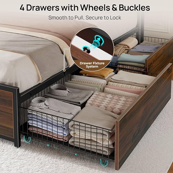 Rolanstar Twin Bed Frame with 4 Storage Drawers, Charging Station and LED Lights, Metal Platform Bed with 2-Tier Storage Headboard, No Box Spring Needed, Easy Assembly, Noise-Free, Walnut