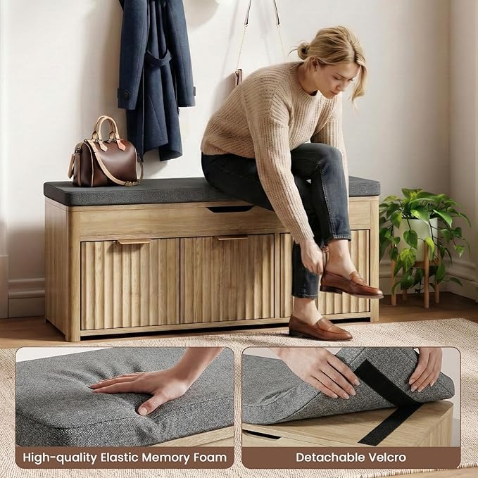 Shoe Bench with Storage - Lift Top Entryway Bench with Hidden Storage, Shoe Rack with Adjustable Shelves and Cushioned Seat, Wooden End of Bed Bench for Bedroom, Living Room and Hallway,Nature