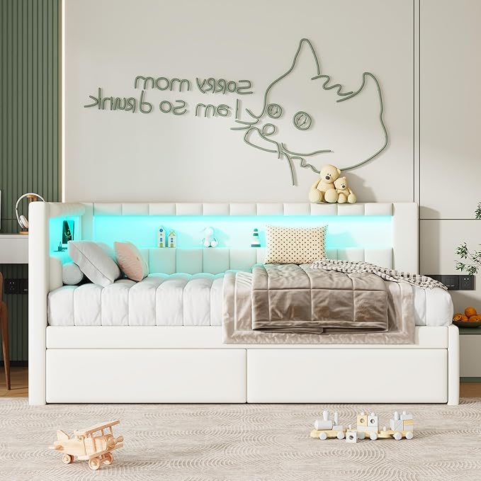 Merax Modern Upholstered Platform Bed Frame with USB Ports & Storage Drawers, Floor Sofa Day Bed, No Box Spring Needed/Easy Assemble/Twin,White