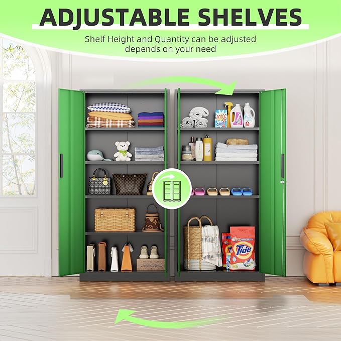 INTERGREAT Metal Storage Cabinet, Garage Steel Locking Cabinets with Doors and 4 Adjustable Shelves, Tall Lockable File Tool Cabinets for Home Office, Classroom Cabinet Basement, Black-Green