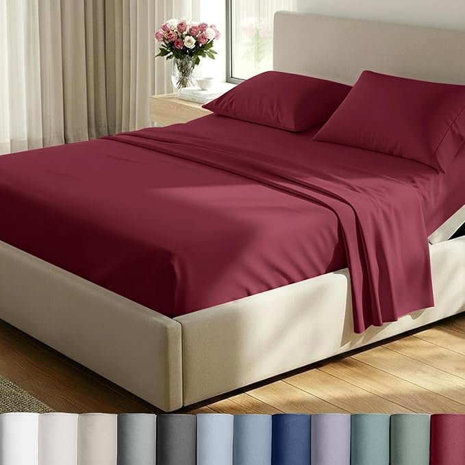 California Design Den Split King Sheets Set - Luxury Hotel 800 Thread Count Sateen, Soft and Natural 100% Cotton Sheets, Deep Pockets for a Snug Fit, Durable Bedding Set - Red Wine