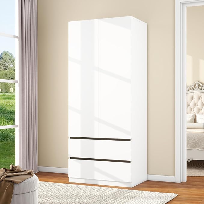 White Wardrobe Closet with Doors: 75" Large Capacity Bedroom Armoire, Wooden Cabinet with 2 Drawers, Hanging Storage Shelves with Hanging Rod (Contemporary, 1)