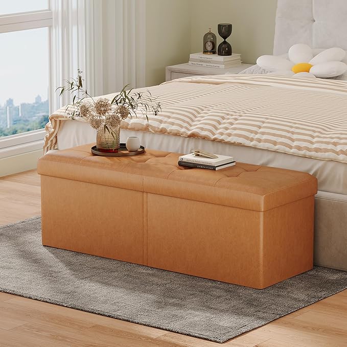 JIUYOTREE 31.5 Inches Ottoman with Storage Bench, Foldable Footstool, Ottoman Foot Rest, End of Bed Bench, Multi-Functional Seat, Storage Chest for Living Room, Bedroom, Entryway (Retro Brown)
