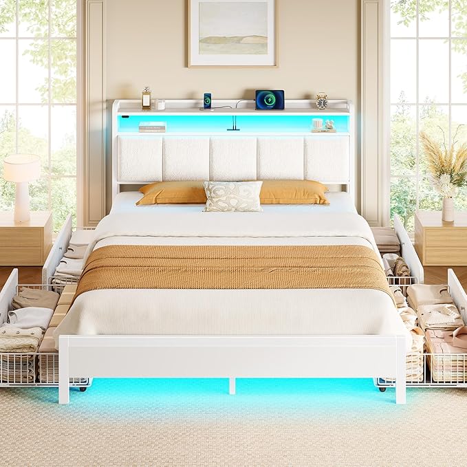 Rolanstar Bed Frame Queen Size with Charging Station and LED Lights, Upholstered Storage Headboard with Drawers, Heavy Duty Metal Slats, No Box Spring Needed, Noise Free, Easy Assembly, White
