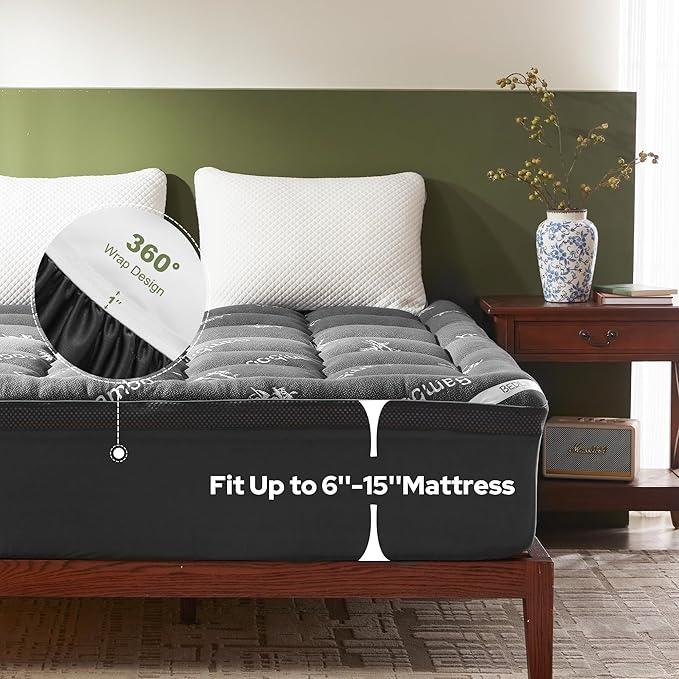 BEDLORE 4 Inch Memory Foam Mattress Topper Twin XL,2-in-1 Dual Layer Design (2" Gel Memory Foam + 2" Plush Pillow Top Cover) Mattress Topper Medium-Firm,Pressure Relief & Back Pain Support(Dark Gray)