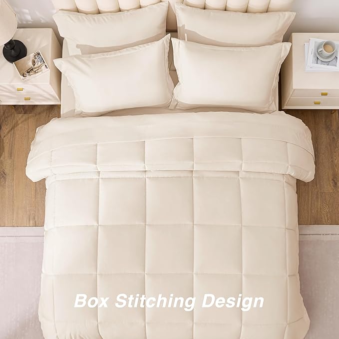 Love's cabin Full Comforter Set Beige, 7 Pieces Full Bed in a Bag, All Season Bedding Sets with 1 Comforter, 1 Flat Sheet, 1 Fitted Sheet, 2 Pillowcase and 2 Pillow Sham | Soft, Breathable, Lightweight, Comfortable