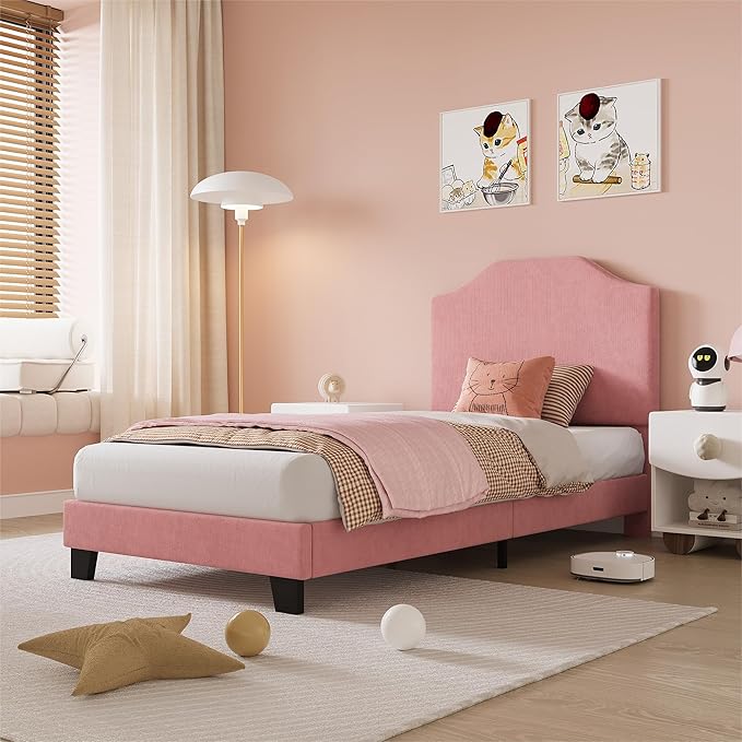 Twin Bed Frames, Corduroy Upholstered Twin Bed Frame with Cute Adjustable Headboard, Fabric with Strong Wooden Slats Support, No Box Spring Needed, Easy Assembly, Pink