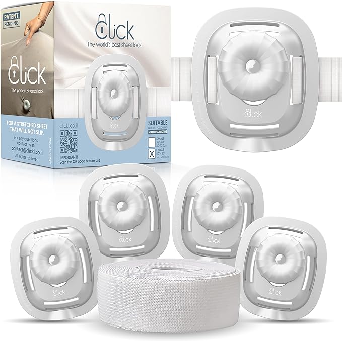 Click Bed Sheet Holder - No Lift Mattress Sheet Clips & Strap for Queen King Size Beds, Sheet Keepers to Keep Sheets on Bed, Heavy Duty Bedsheet Lock Fasteners to Hold Sheets in Place Firm & Tight