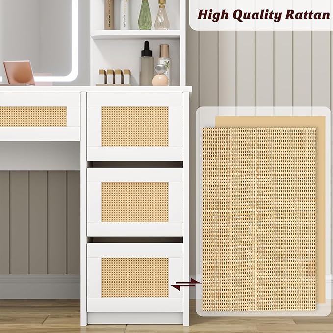 GarveeHome Rattan Vanity with Mirror, Makeup Vanity Desk with Adjustable LED Light, Large Storage Space and4 Drawers, 2 Tiers of Open Shelves for Bedroom in White & Natural