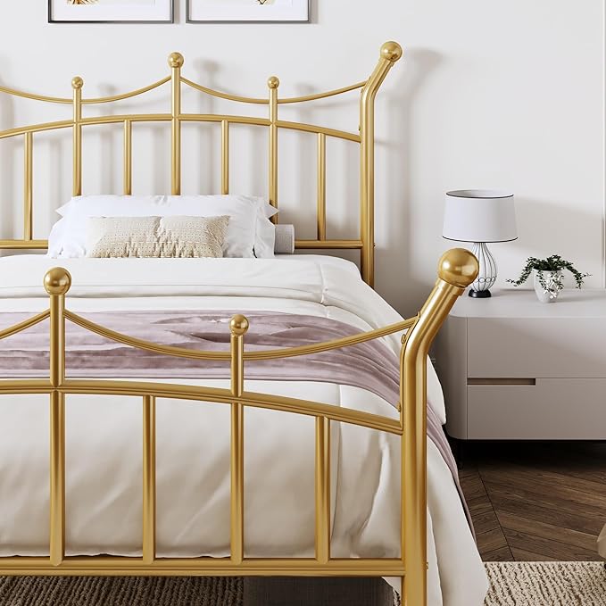 Allewie 14 Inches Twin Size Metal Platform Bed Frame with Elegant Crown Iron-Art Headboard & Footboard, Sturdy Mattress Foundation with Under-Bed Storage, Easy Assembly, No Box Spring Needed, Gold