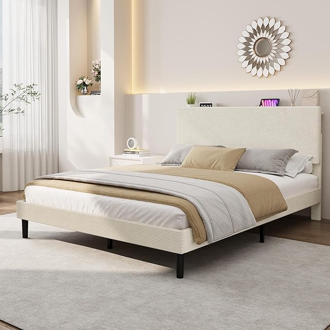 IDEALHOUSE Full Size Bed Frame, Platform Bed with Adjustable Corduroy Upholstered Storage Headboard and Charging Station, Sturdy Metal Support, Noise Free, Easy Assembly, Beige