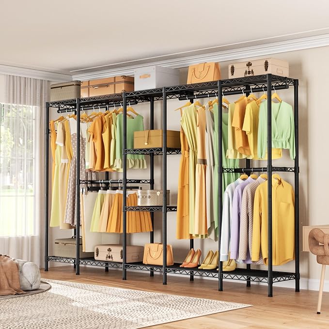 Golpart Heavy Duty Garment Rack Clothes Rack,Large Metal Closet Organizer System Storage Wardrobe,Freestanding Clothing Rack with Adjustable Wire Shelves& Hang Rods,MaxLoad 1100lbs