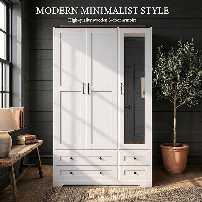Yechen 71" Wooden Armoire Wardrobe Closet with Mirror and 4 Drawers, 3-Door Modern Functional Clothes Tall Storage Cabinet with 4 Adjustable Shelves and Hanging Rod, Freestanding Wardrobes for Bedroom