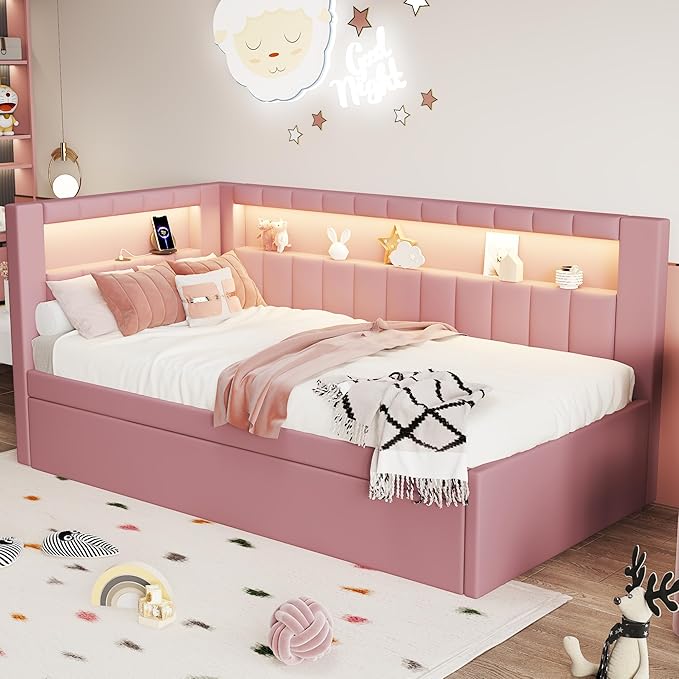 Merax Twin Size Modern Upholstered Platform Bed with USB Ports & Trundle Bed, Floor Daybed with Wood Slat Support, Storage Bed Frame with Headboard/Twin, Pink