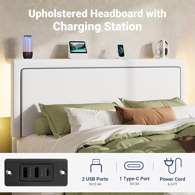 Allewie Full Size Lift Up Storage Bed Frame with Charging Station & LED Lights, Adjustable Velvet Upholstered Storage Headboard, Type-C & USB Ports, Hydraulic Support, No Box Spring Needed, White
