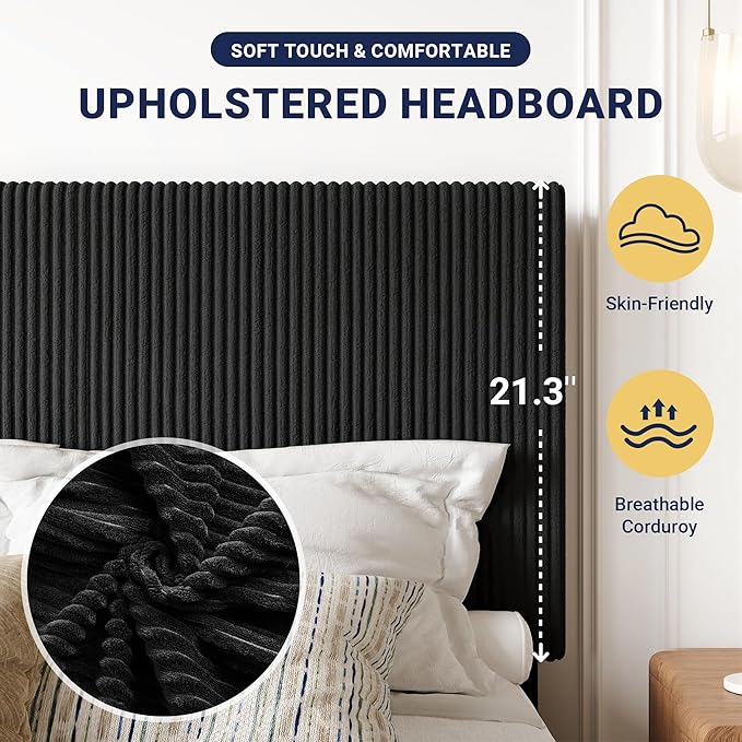 Allewie King Bed Frame, Upholstered Platform Bed, Adjustable Vertical Channel Tufted Headboard, Corduroy Fabric, Modern Low Profile, Wooden Slats, No Box Spring Needed, Easy Assembly, Black