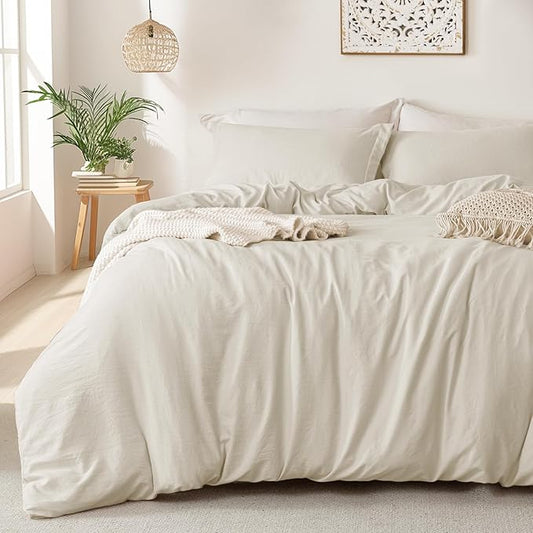 MILDLY Super Soft Duvet Cover - 100% Washed Microfiber Beige Comforter Cover Set 3 Pieces with Zipper Closure & Corner Ties (No Comforter)