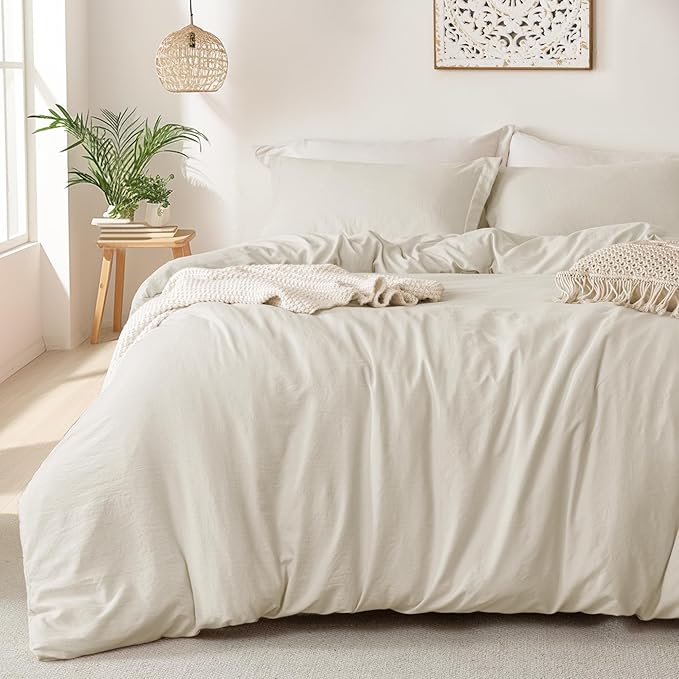 MILDLY Super Soft Duvet Cover - 100% Washed Microfiber Beige Comforter Cover Set 3 Pieces with Zipper Closure & Corner Ties (No Comforter) (No Comforter)