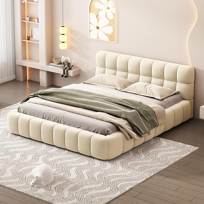 Merax Modern Queen Upholstered Bed Frame with Wingback, Linen Low Plattform Bed, No Box Spring Needed Beige