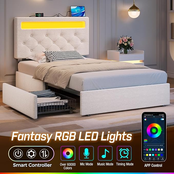 Rolanstar Twin Bed Frame with 4 Drawers and Charging Station,Twin Bed with Led Lights, Adjustable Upholstered Headboard 38.9/40.8 Inches, Sturdy, No Box Spring Needed, Natural White