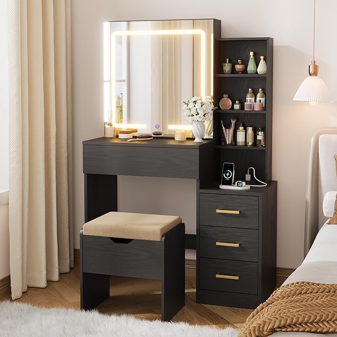IDEALHOUSE Vanity Desk with Mirror and Lights, Vanity Table and Chair Set with 4 Drawers and Charging Station, Dresser LED Sliding Mirror with 3 Color Modes Adjustable Storage Shelves, Black