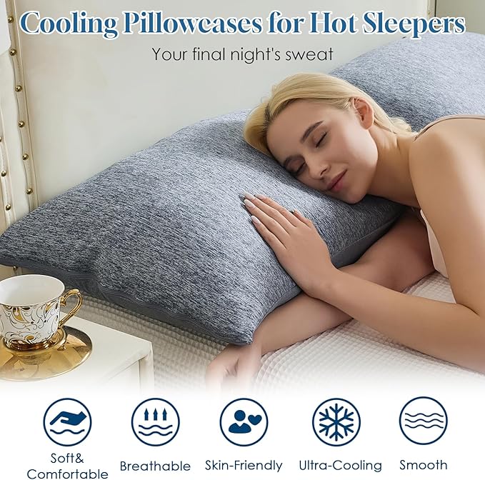 CHOSHOME Cooling Pillow Cases Zipper Pillow Covers Q-Max > 0.45 Zippered Pillowcases for Hot Sleepers, Soft, Breathable, Skin-Friendly, 2 Pack (Queen, 20"x30", Navy Blue)