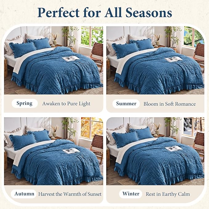 JOLLYVOGUE Teal Twin Size Comforter Set, 2 Pieces Seersucker Lightweight Fluffy Bedding Set, Twin Ruffle Comforter, All Season Soft Microfiber Shabby Chic Bed Set