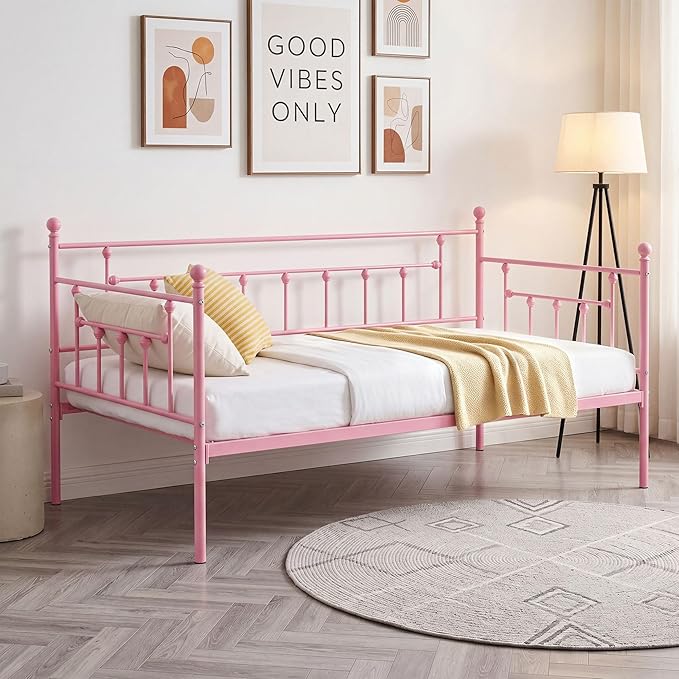 VECELO Daybed Frame, Twin Size Metal Platform Bed with Headboard,Heavy Duty Steel Slats Support for Living Room Bedroom Guest Room, Easy Assembly