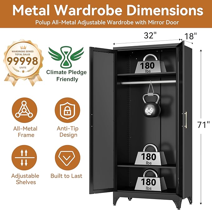 Polup Metal Armoire Wardrobe Closet with Mirror, 71" Tall Steel Clothing Storage Cabinet with Doors, Hanging Rod and Adjustable Shelves, Freestanding Clothes Organizer for Bedroom, Office, Black